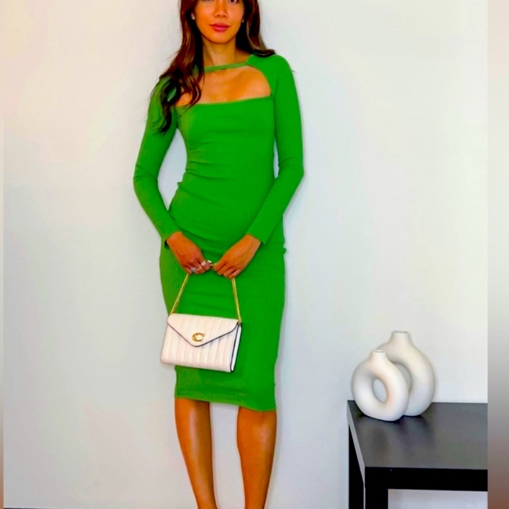 New Zara Ribbed Square-Neck Long Sleeve Midi Dress Intense Green Large